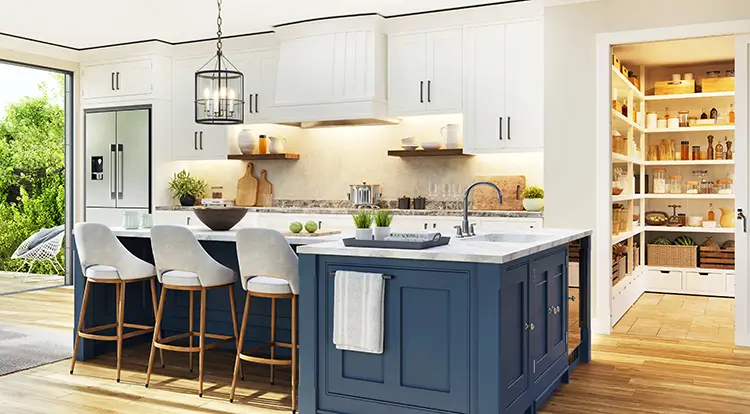 Kitchen neatly decorated with a pantry off to the right side.