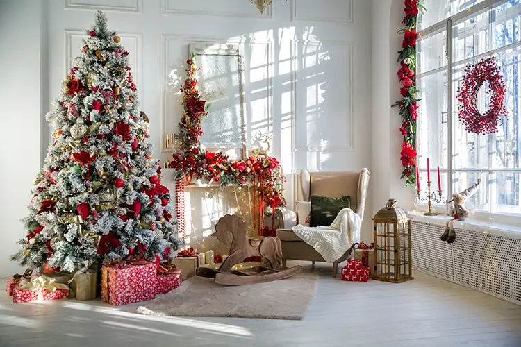 Living room decorated with christmas holiday decor