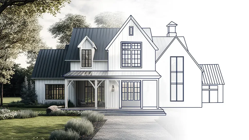 3D Render Modern Farmhouse Architecture House Design on Isolated background